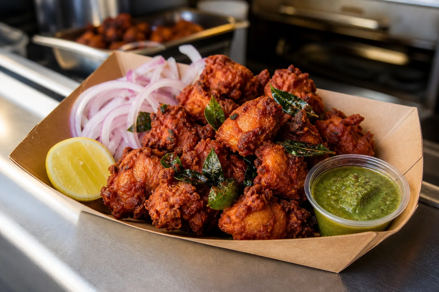 Fresh chicken pakoda with onion, lemon, and green chutney