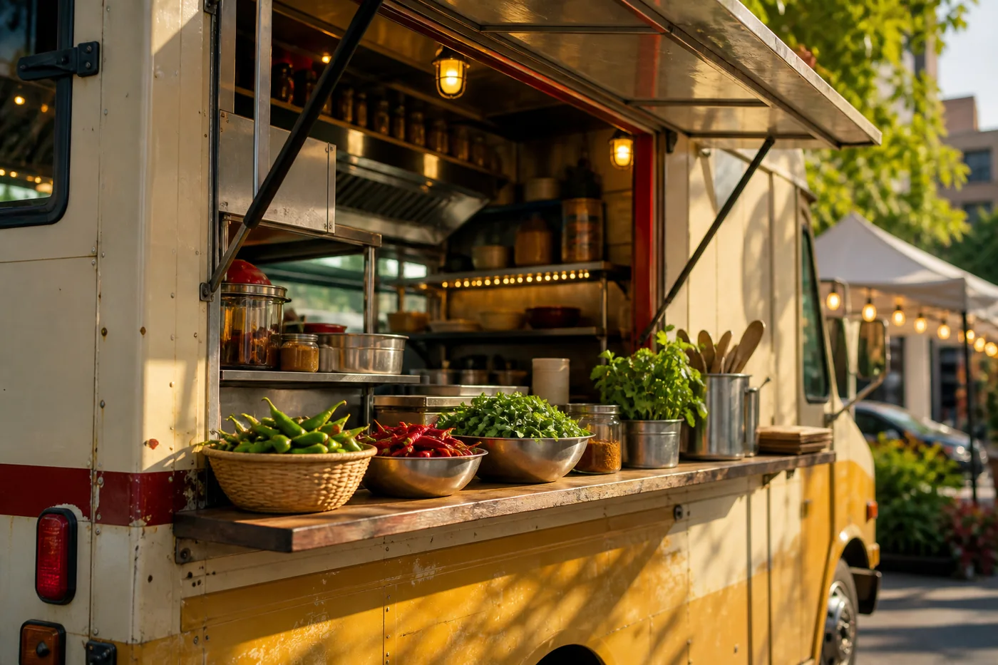 Indian street-food truck service window at an outdoor market