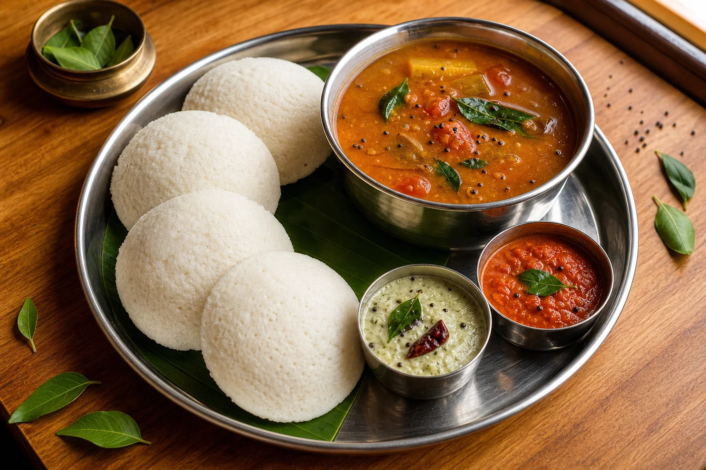 Steamed idly served with sambar and two chutneys