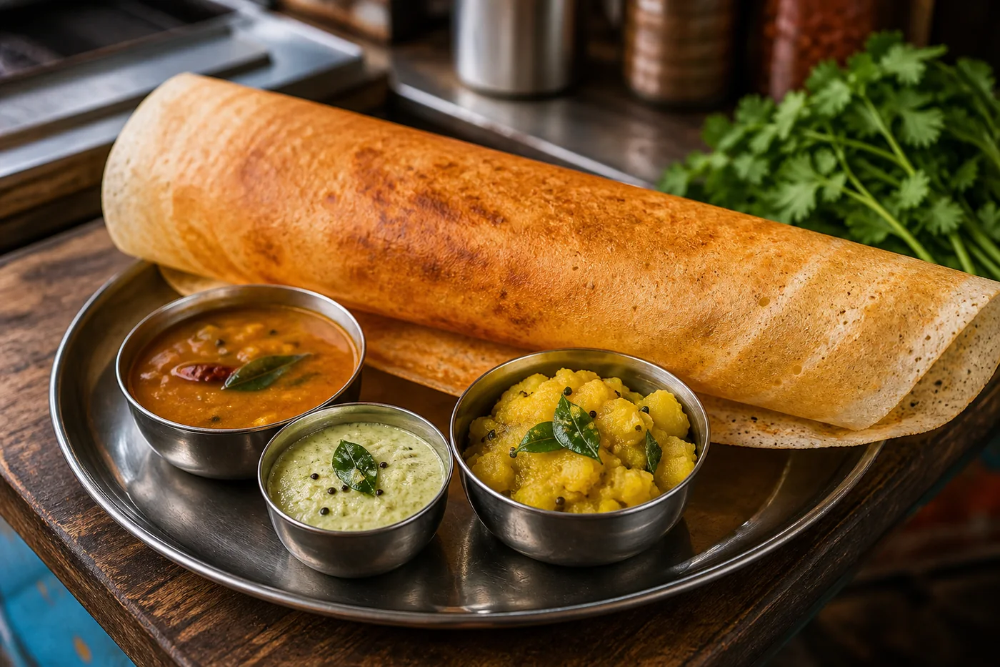 Masala dosa with potato masala, coconut chutney, and sambar