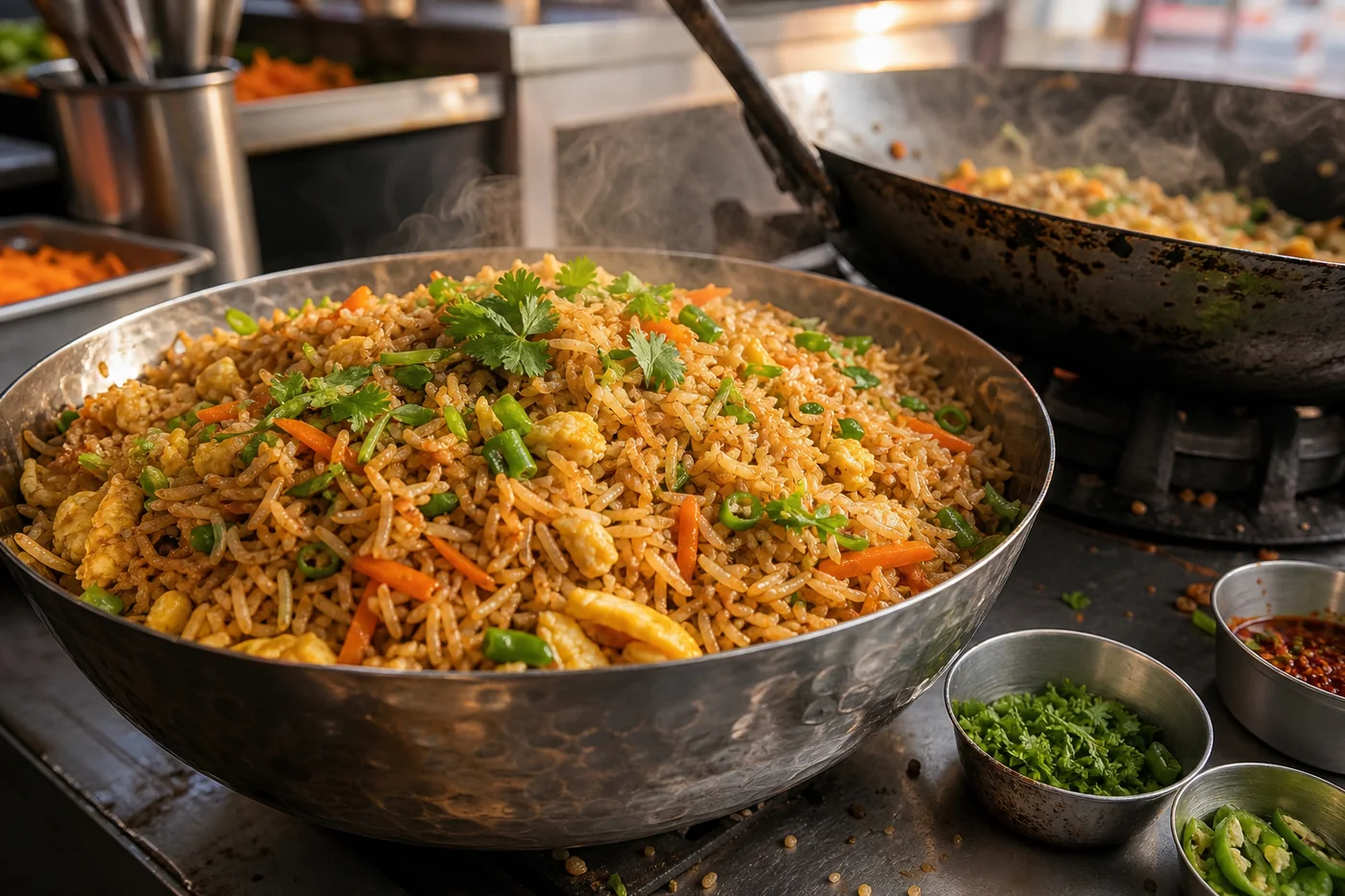 Street-style fried rice with vegetables and fresh coriander